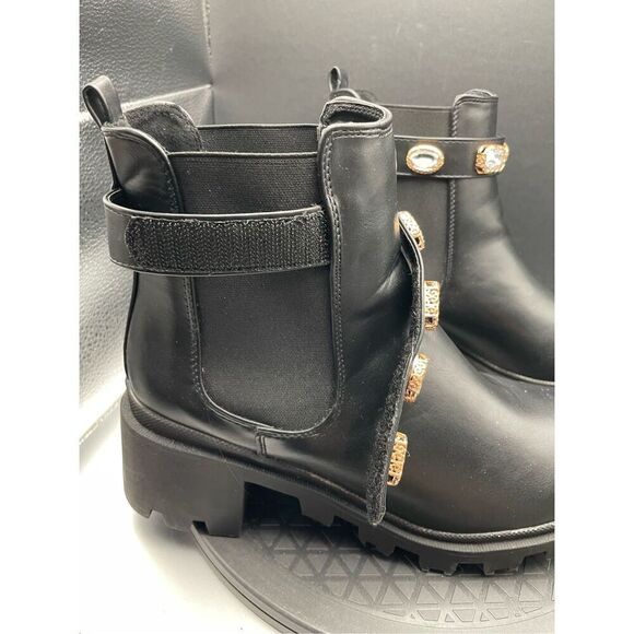 Chelsea Boots Black with Block Heel & Bedazzled Gem Cuff Size 9 Chunky Blingy - Picture 10 of 13
